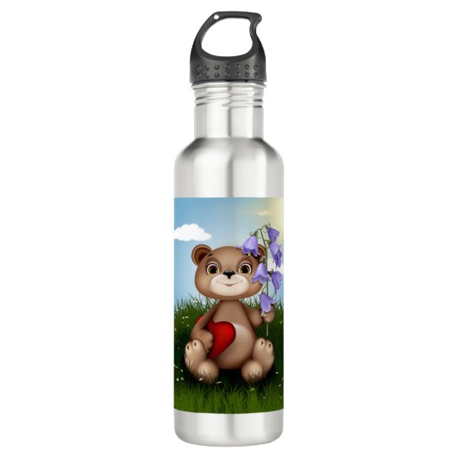 Bear Holding Bouquet Flower-30926 Stainless Steel Water Bottle (Front)