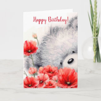 Bear Holding red flowers, Happy Birthday Card