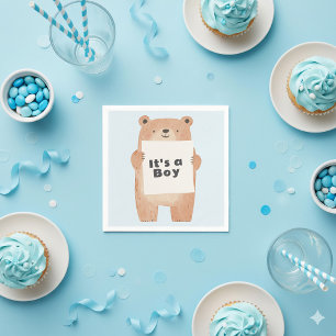 Bear holding sign cute blue baby shower napkins