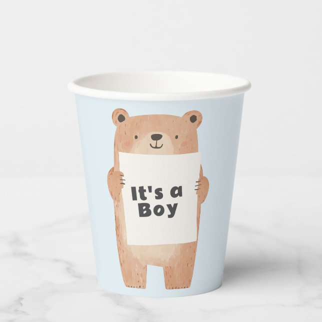 Bear holding sign cute blue baby shower paper cups (Front)