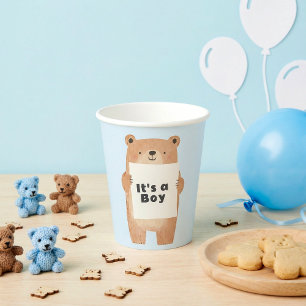 Bear holding sign cute blue baby shower paper cups