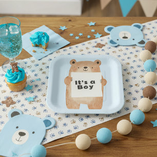 Bear holding sign cute blue baby shower paper plates