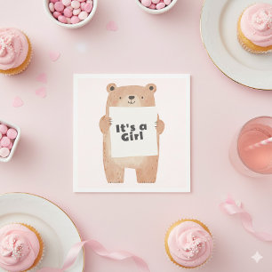 bear holding sign cute pink baby shower napkins