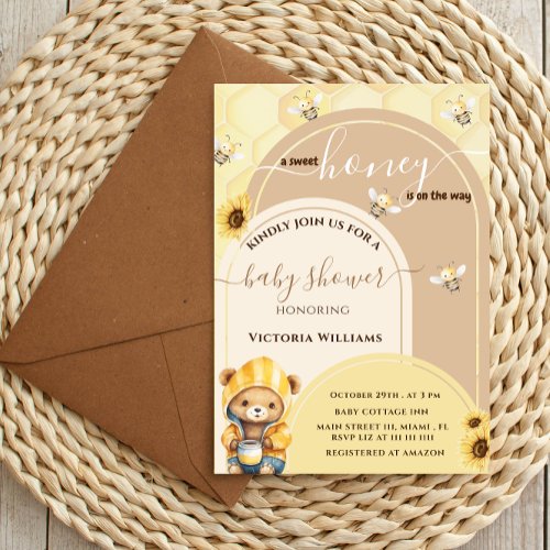 Bear Honey Bee Floral Baby Shower Invitation
