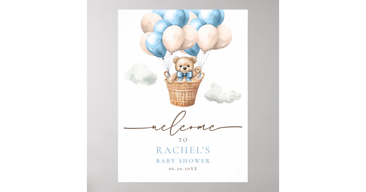 Bear Hot Air Balloon Baby Boy Shower Welcome Poster | Zazzle