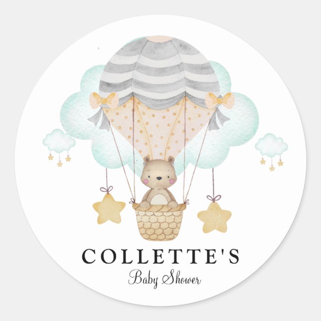 Bear Hot Air Balloon Baby Shower  Classic Round Sticker (Front)