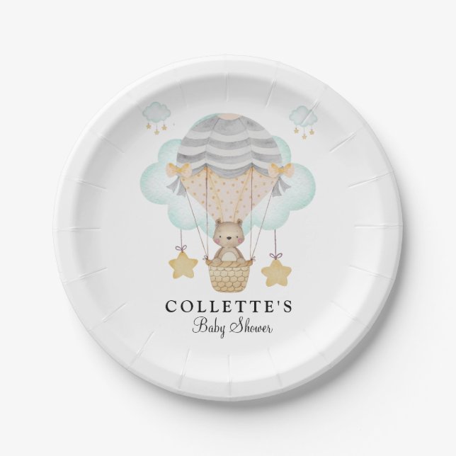 Bear Hot Air Balloon Baby Shower Paper Plates (Front)