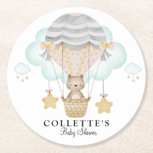 Bear Hot Air Balloon Baby Shower Round Paper Coaster