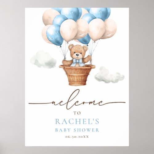 Bear Hot Air Balloon Blue Boy Baby Shower Welcome Poster