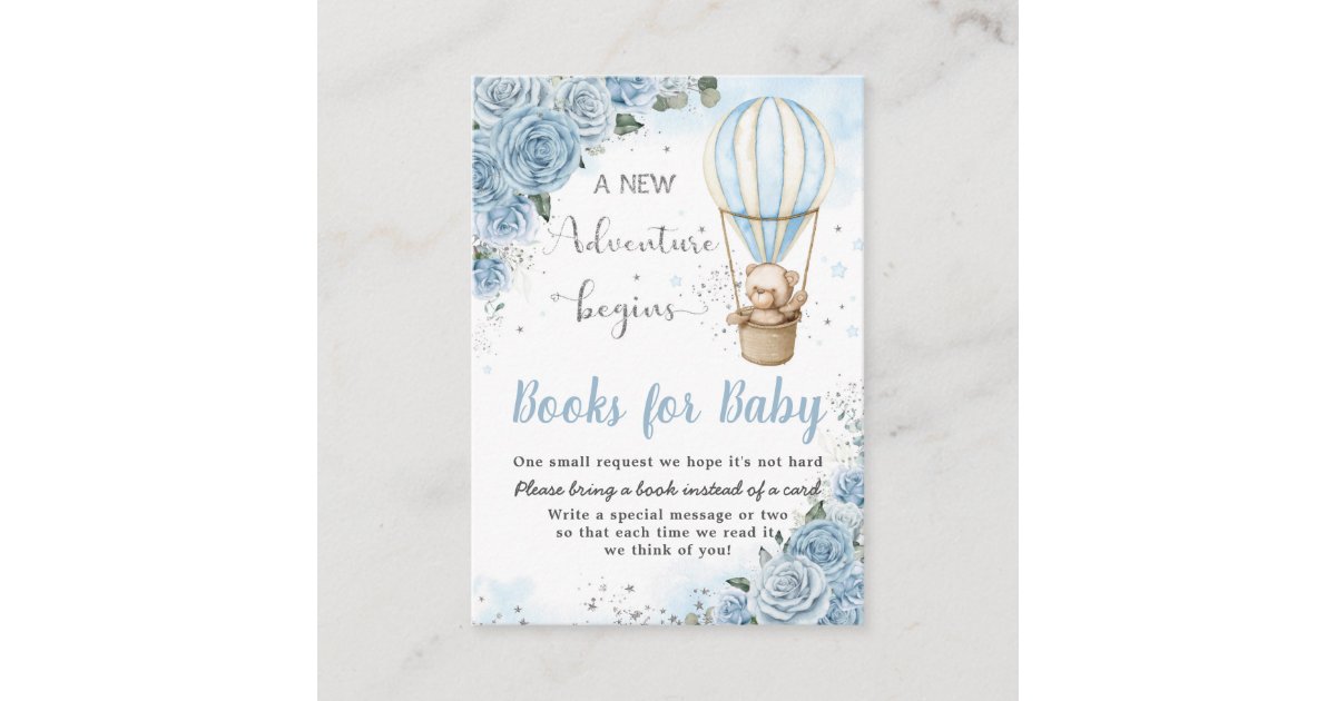 Bear Hot Air Balloon Blue Floral Books for Baby Enclosure Card | Zazzle