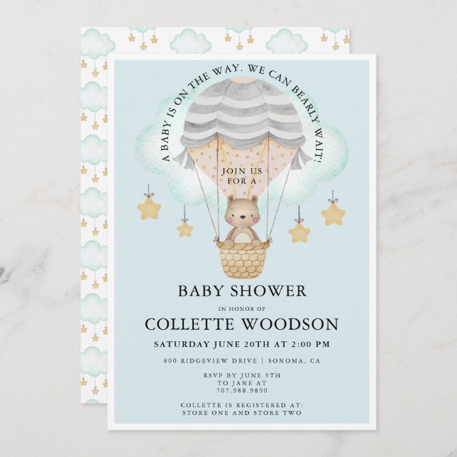 Bear Hot air Balloon Boy Baby Shower Invitation (Front/Back)