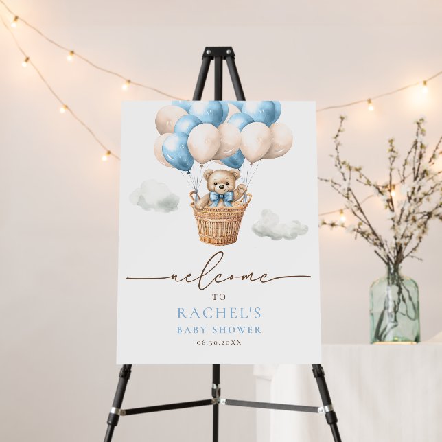 Bear Hot Air Balloon Boy Baby Shower Welcome Sign (In Situ (Stand))