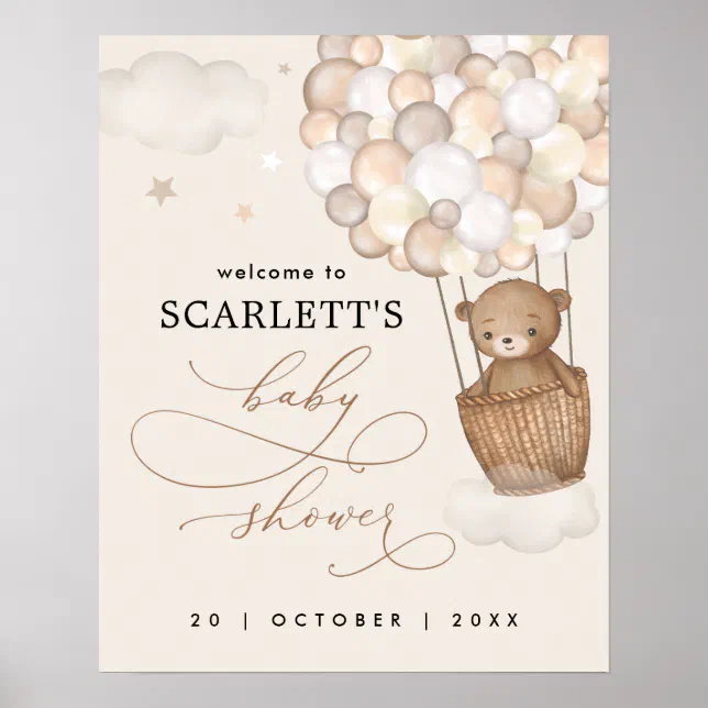 Bear Hot Air Balloon Neutral Baby Shower Welcome Poster | Zazzle
