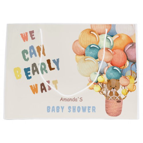 Bear Hot Air Balloon Watercolor Cute Baby Shower  Large Gift Bag