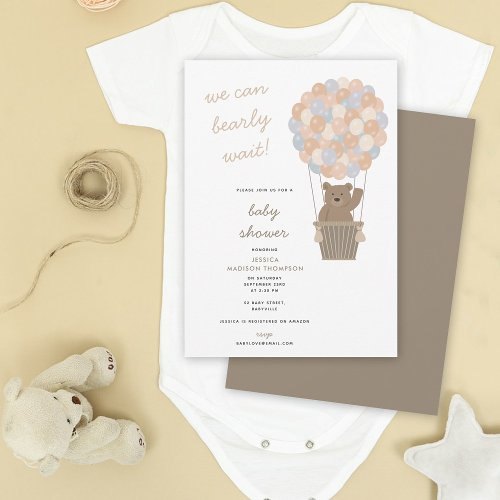 Bear Hot Air Balloons Gender Neutral Baby Shower Invitation