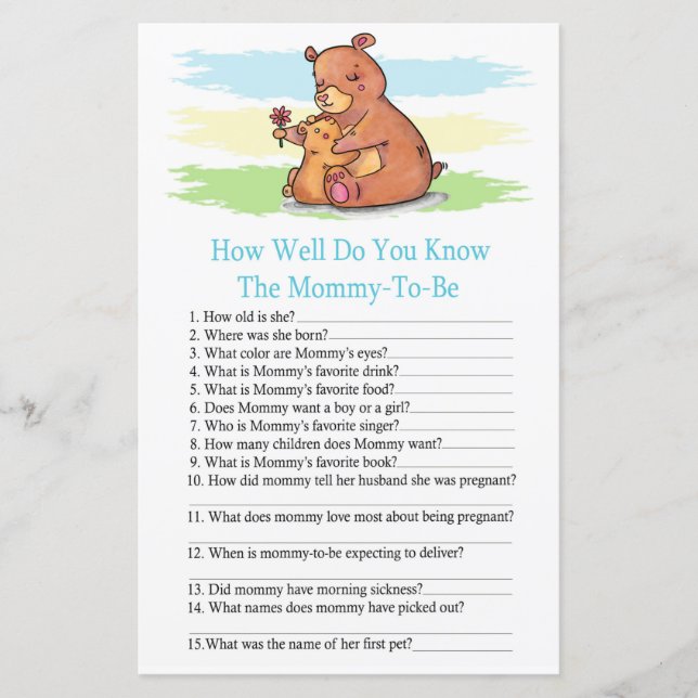 Bear how well do you know baby shower game (Front)
