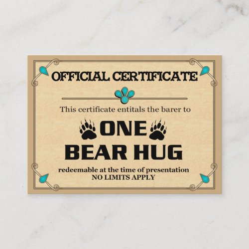 BEAR HUG Certificate Cards Business Cards
