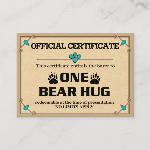 Customizable BEAR HUG Certificate Cards Business Cards
