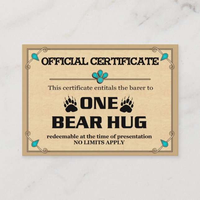 BEAR HUG Certificate Cards (Front)