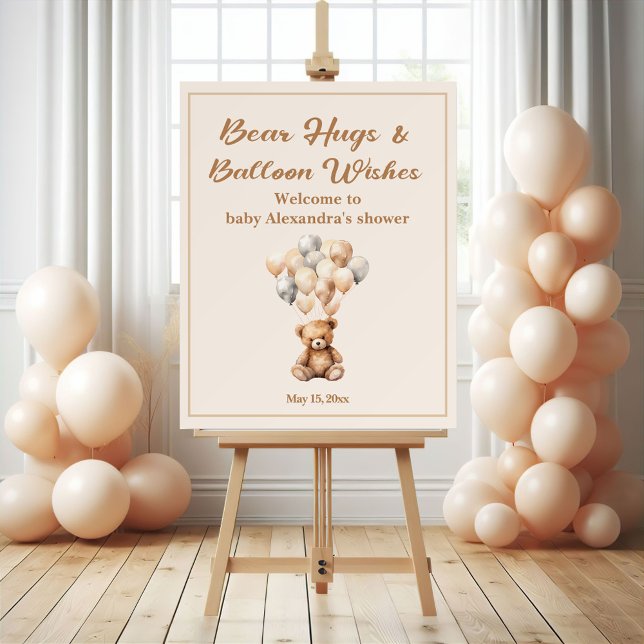 Bear Hugs Balloon Wishes Baby Shower Welcome Foam Board (Bear Hugs and Balloon Wishes baby shower easel sign)
