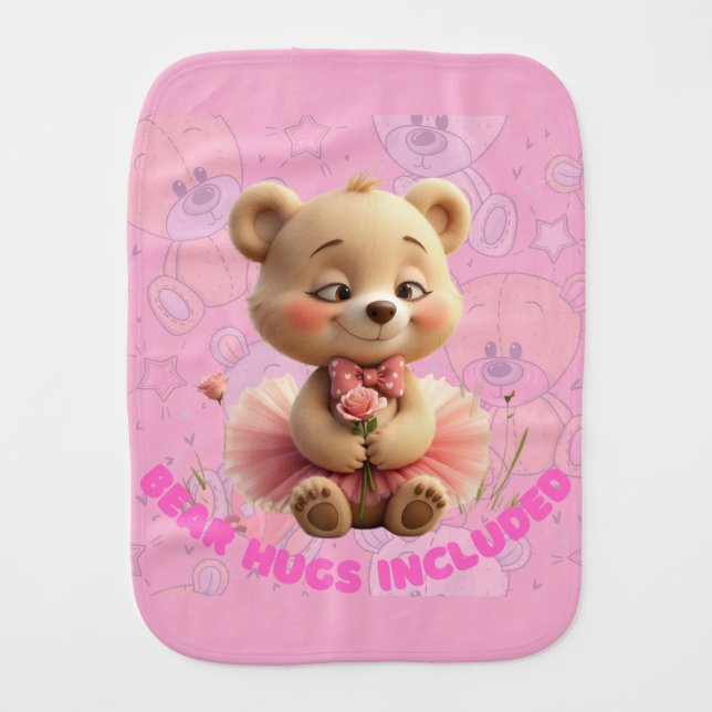 Bear Hugs Included – Sweet Tutu Bear  Baby Burp Cloth (Front)