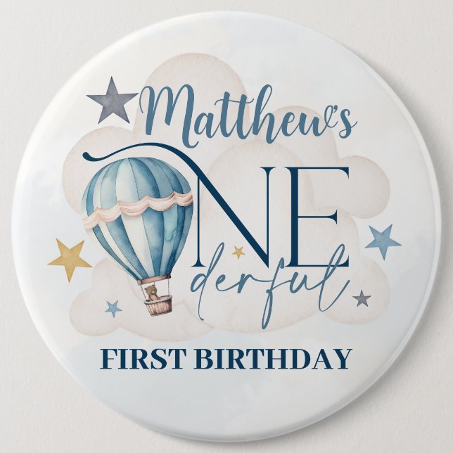 Bear in a Balloon 1st Birthday Round Badge Button (Front)
