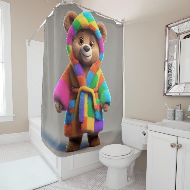 Bear in a colorful robe shower curtain (In Situ)