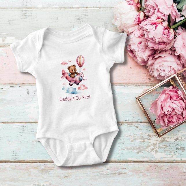 Bear in Airplane Daddy Co-Pilot Baby Girl  Baby Bodysuit (Bear in Pink Airplane, Daddy Co-pilot Personalized Baby Body Suit for little girl)