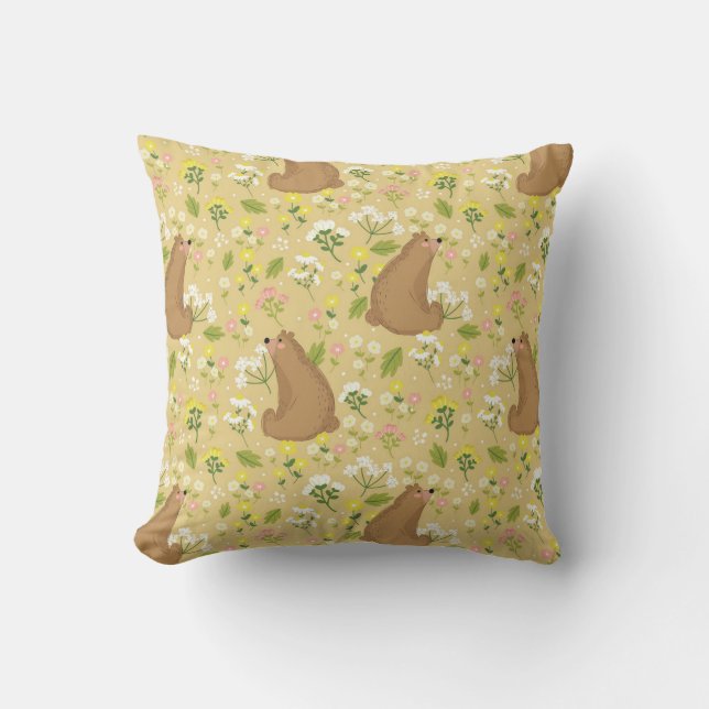 Bear in Bloom Throw Pillow (Front)