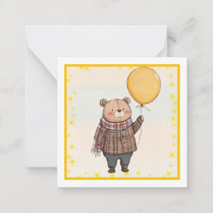 Bear in Brown Plaid Sweater with Yellow Balloon Note Card