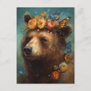 Bear in flowers and butterflies postcard