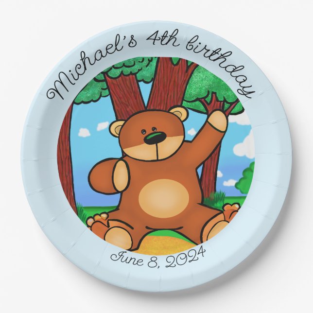 Bear in grassland birthday  paper plates (Front)