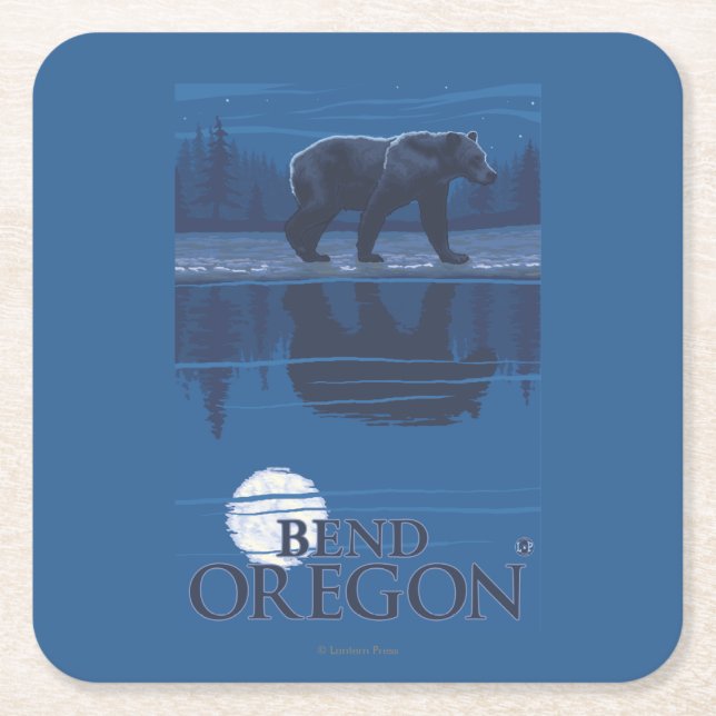 Bear in Moonlight - Bend, Oregon Square Paper Coaster (Front)