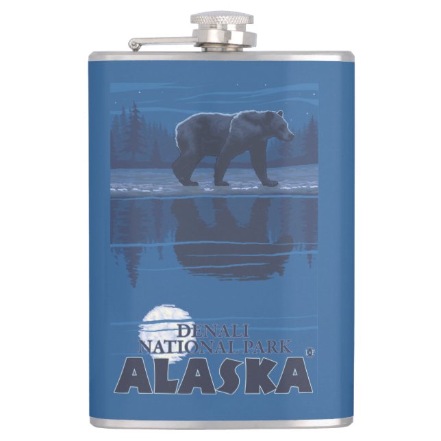 Bear in Moonlight - Denali National Park, Alaska Flask (Front)