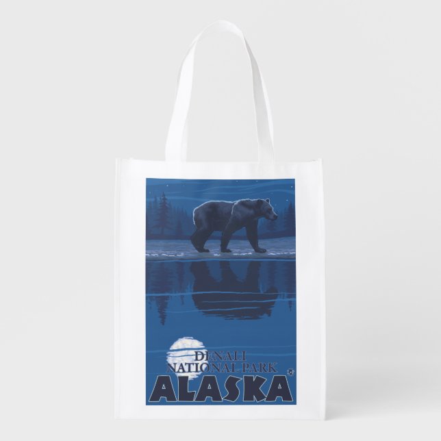 Bear in Moonlight - Denali National Park, Alaska Grocery Bag (Front)