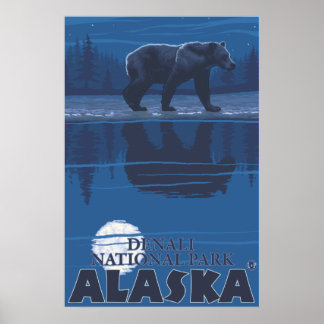 Bear in Moonlight - Denali National Park, Alaska Poster