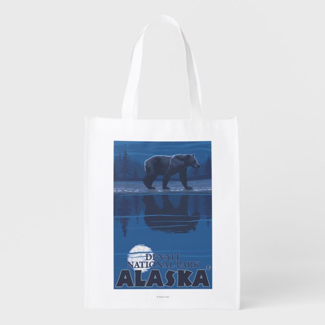 Bear in Moonlight - Denali National Park, Alaska Reusable Grocery Bag (Front)