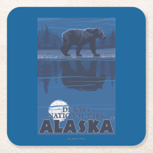 Bear in Moonlight - Denali National Park, Alaska Square Paper Coaster