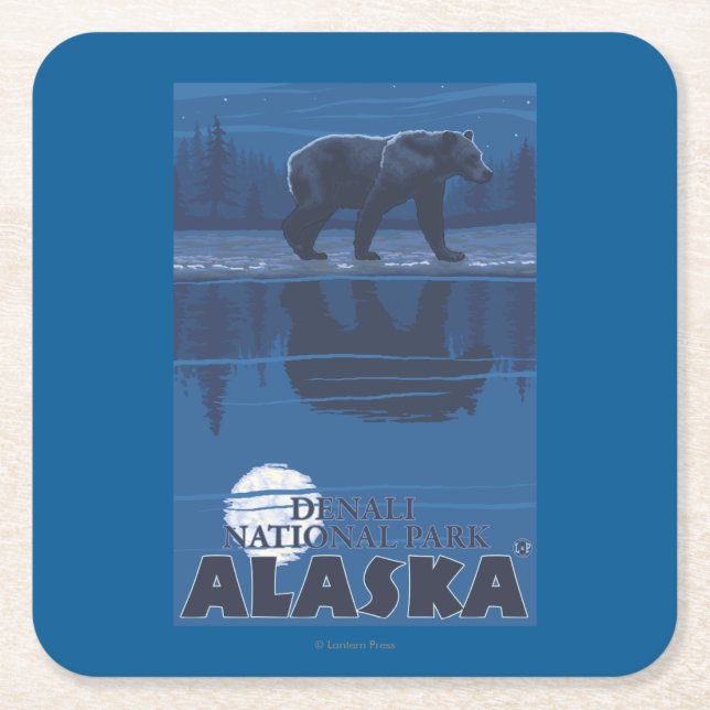 Bear in Moonlight - Denali National Park, Alaska Square Paper Coaster (Front)