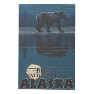 Bear in Moonlight - Denali National Park, Alaska Wood Wall Art