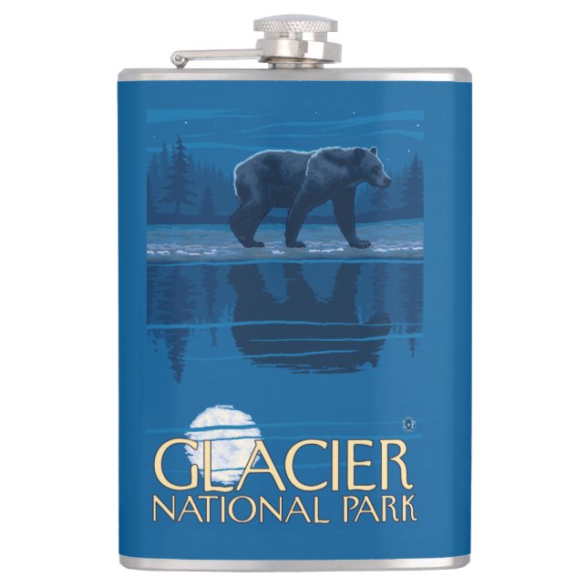 Bear in Moonlight - Glacier National Park, MT Flask (Front)