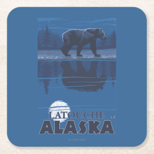 Bear in Moonlight - Latouche, Alaska Square Paper Coaster