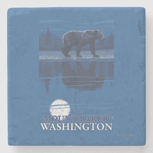 Bear in Moonlight - Mount Baker, Washington Stone Coaster (Front)