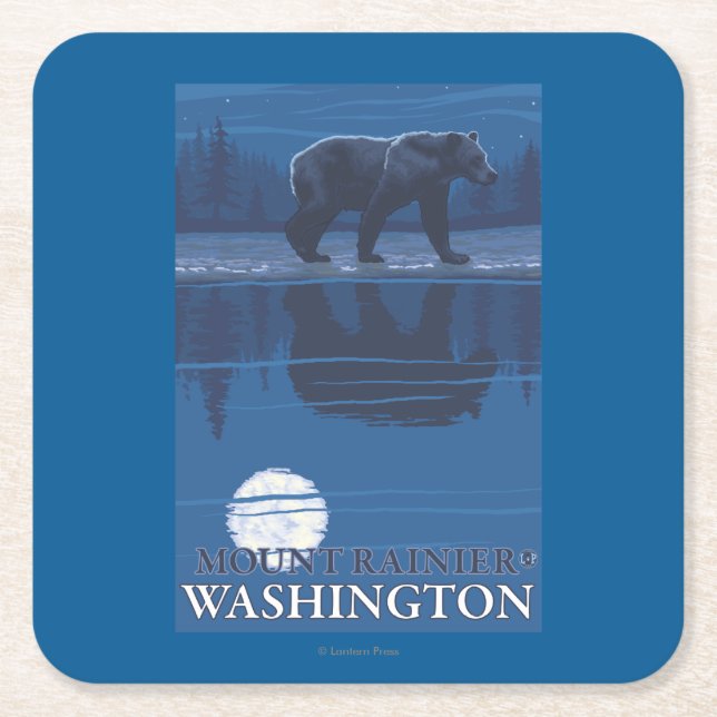 Bear in Moonlight - Mount Rainier, Washington Square Paper Coaster (Front)