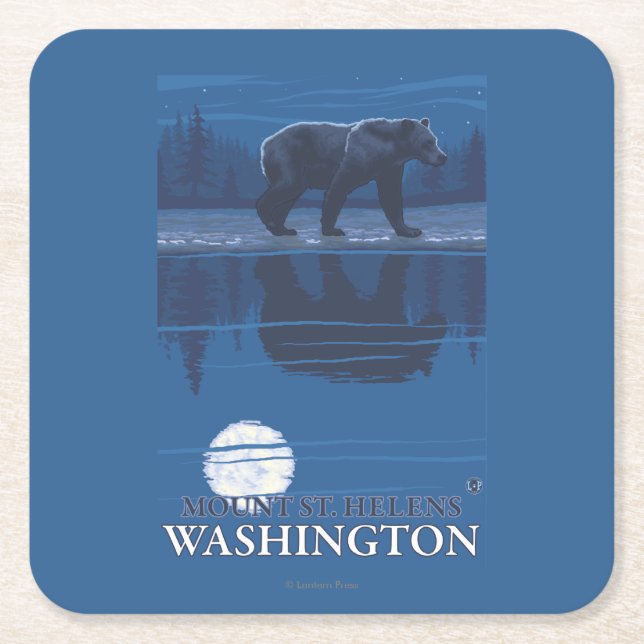 Bear in Moonlight - Mount St. Helens, Square Paper Coaster (Front)