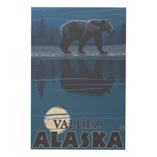 Bear in Moonlight - Valdez, Alaska Wood Wall Decor (Front)
