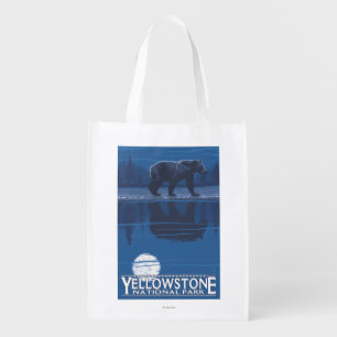 Bear in Moonlight - Yellowstone National Park Reusable Grocery Bag