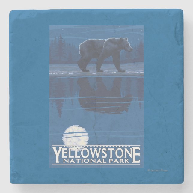 Bear in Moonlight - Yellowstone National Park Stone Coaster (Front)