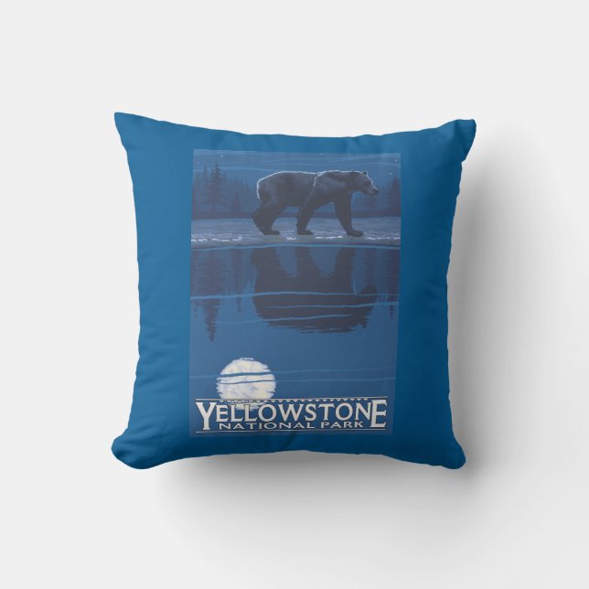 Bear in Moonlight - Yellowstone National Park Throw Pillow (Front)