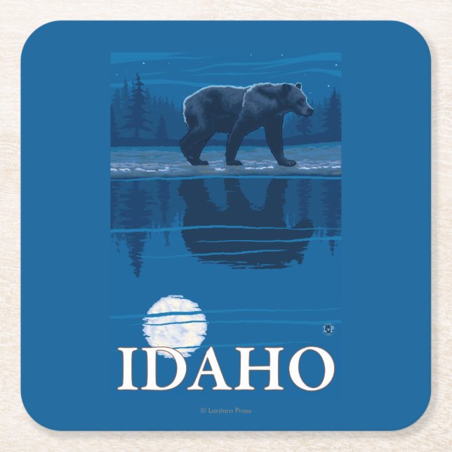 Bear in MoonlightIdahoVintage Travel Poster Square Paper Coaster (Front)